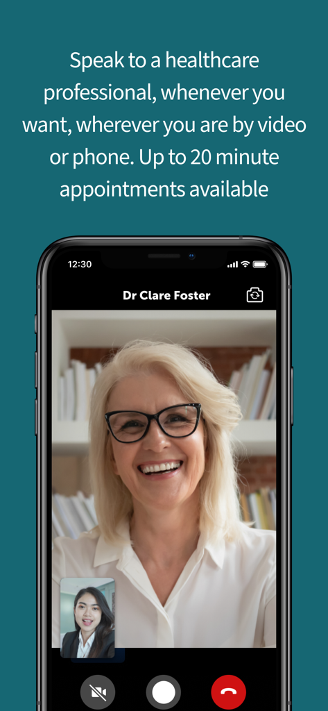 Smartphone screen displaying a live video call with a smiling healthcare professional on the AXA Doctor At Hand app.