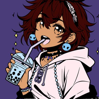 hot baddie anime girl drinking boba and biting the straw