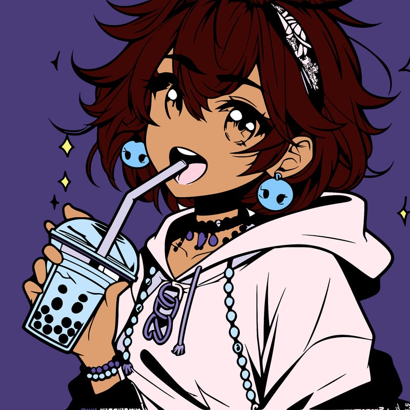 hot baddie anime girl drinking boba and biting the straw