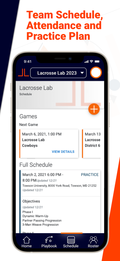 Lacrosse Lab - Lacrosse Lab app interface showing a detailed team schedule with upcoming games and a practice plan including specific drills like dynamic warm-up and 3-man weave.