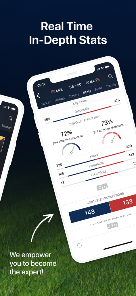Footy Live: AFL Scores & Stats - Aplicación Footy Live mostrando estadísticas detalladas de partidos de la AFL en tiempo real y eficiencia de disposiciones