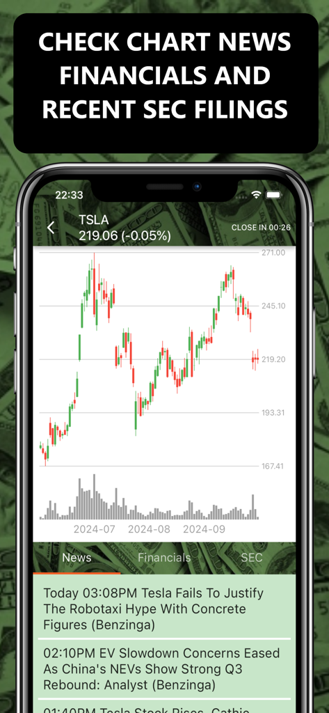Realtime Stock Screener app interface showing a Tesla TSLA candlestick chart and live financial news feed