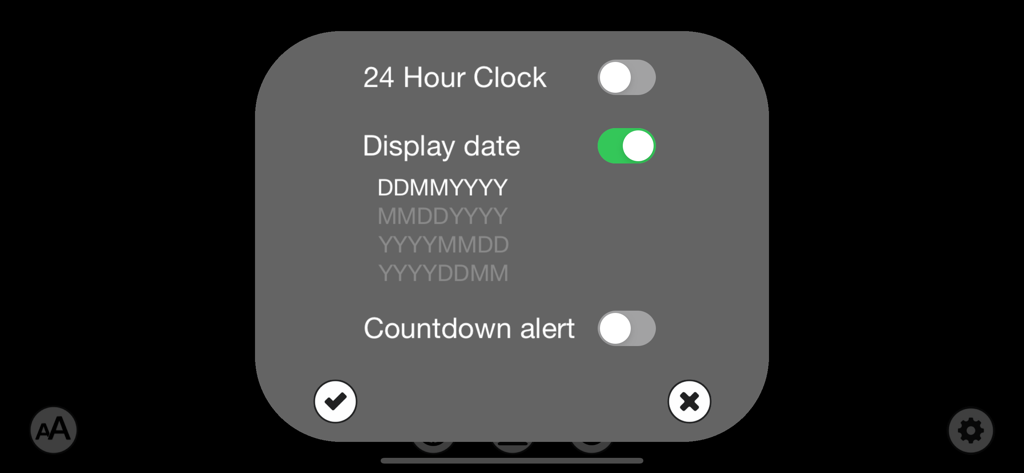 Settings menu for the TimeFont app showing configuration options for clock format, date display, and countdown alerts.