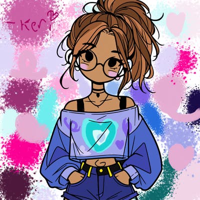 girl with a messy ponytail glasses a baggy crop top and jean shorts