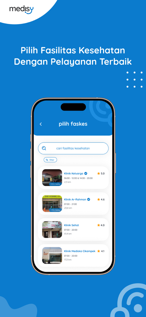 Medisy - Medical Records - Interface de l'application Medisy montrant une liste de cliniques avec les notes des utilisateurs et les heures d'ouverture.
