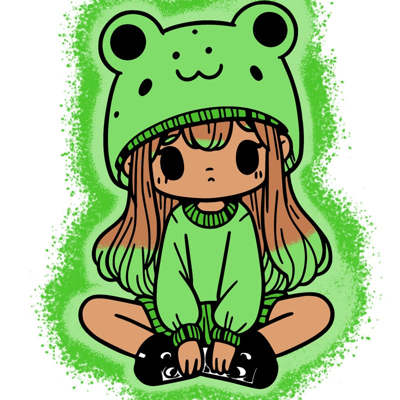 a girl wearing a frog hat and some frog socks