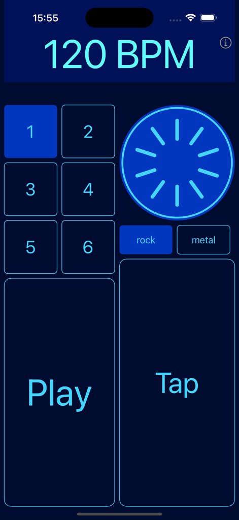Drum Beats Metronome app interface displaying 120 BPM with rock and metal drum loop options