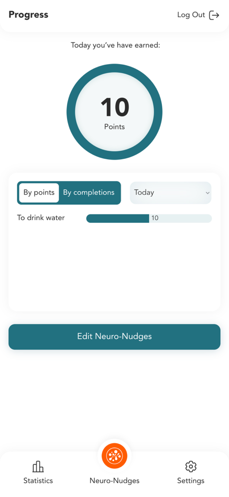 Neuro-Nudge - Painel de progresso do aplicativo Neuro Nudge mostrando dez pontos ganhos por beber água hoje