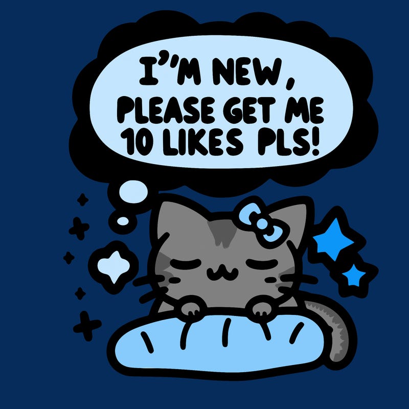 kitty taking a nap dream talking and saying "i'm new, please get me at least 10 likes pls!!"