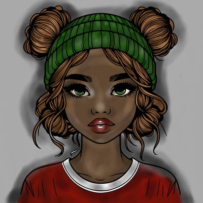 realistic girl with buns in her hair with a beanie on