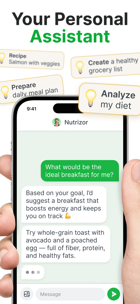 AI Nutrition Coach - Nutrizor - Pantalla de smartphone mostrando al coach de nutrición con IA de Nutrizor proporcionando una recomendación de desayuno personalizada en una interfaz de chat