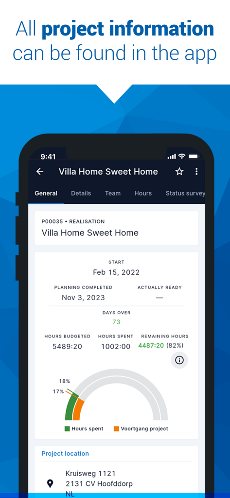 AFAS Pocket - Mobile app interface of AFAS Pocket showing project details, hours spent, and progress tracking for a specific business project.