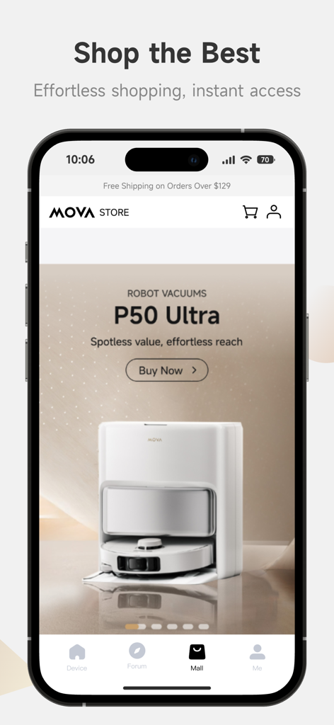 MOVAhome - Page de magasin de l'application MOVAhome affichant le robot aspirateur P50 Ultra avec un bouton d'achat immédiat