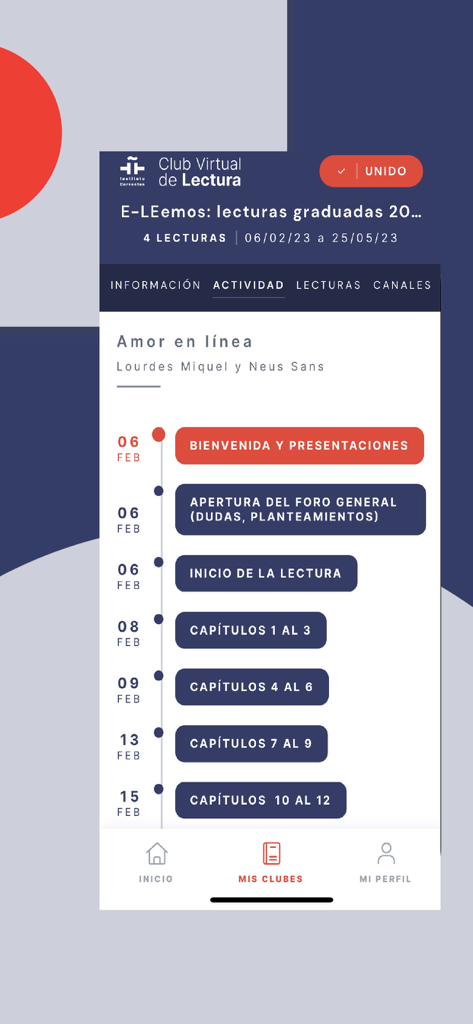 Clubes virtuales IC (oficial) - Activity timeline for a Spanish reading club showing chapter assignments and forum discussion dates