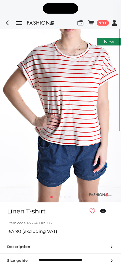 FashionPo - Una pagina prodotto dall'app all'ingrosso FashionPo che mostra una maglietta in lino a righe bianche e rosse