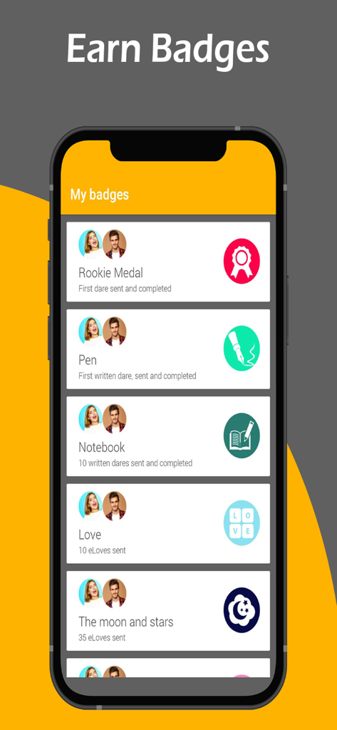 Desire - Couples Game - A list of earned badges and relationship milestones in the Desire couples game app
