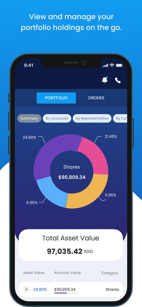 Phillip MyWealth - A mobile screen showing the Phillip MyWealth portfolio summary with an asset allocation donut chart and total asset value in SGD.