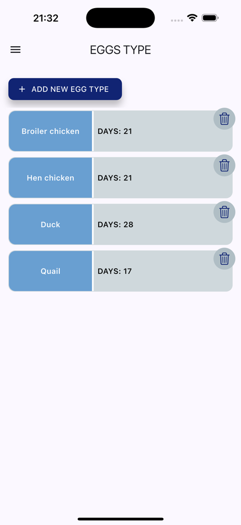 Hatch Tracker Pro - A list of different egg types including broiler chicken duck and quail with their corresponding incubation duration in days