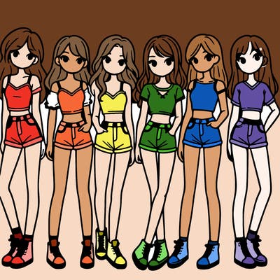 a group of girls wearing crop tops and shorts