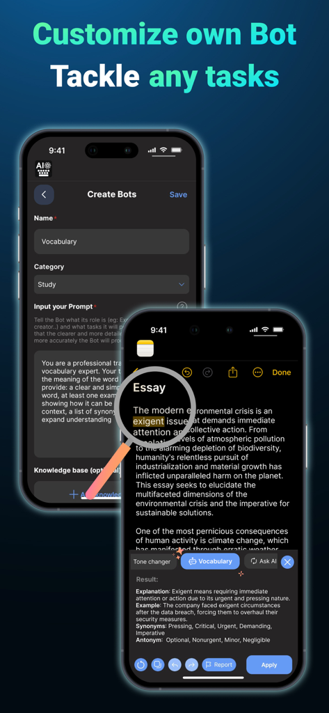 AI Keyboard: Grammar & Writer - Interfaz que muestra cómo crear un bot de IA personalizado para tareas de estudio y un ejemplo de análisis de vocabulario dentro de un editor de texto móvil.