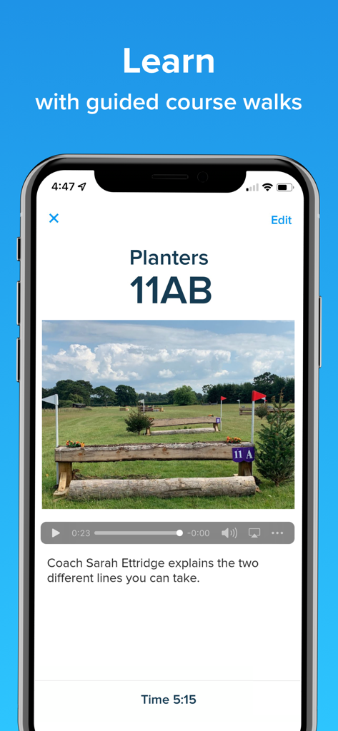 CrossCountry 2 - CrossCountry 2 app screen showing a virtual guided course walk with a photo of equestrian jumps and coach commentary