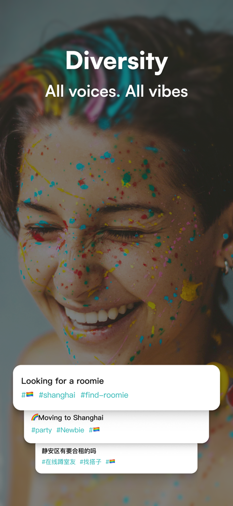 Wellcee App-Bildschirm, der eine Nachricht zur Vielfalt und inklusive Angebote für Mitbewohner für Shanghai mit LGBTQ+-Flaggen zeigt.