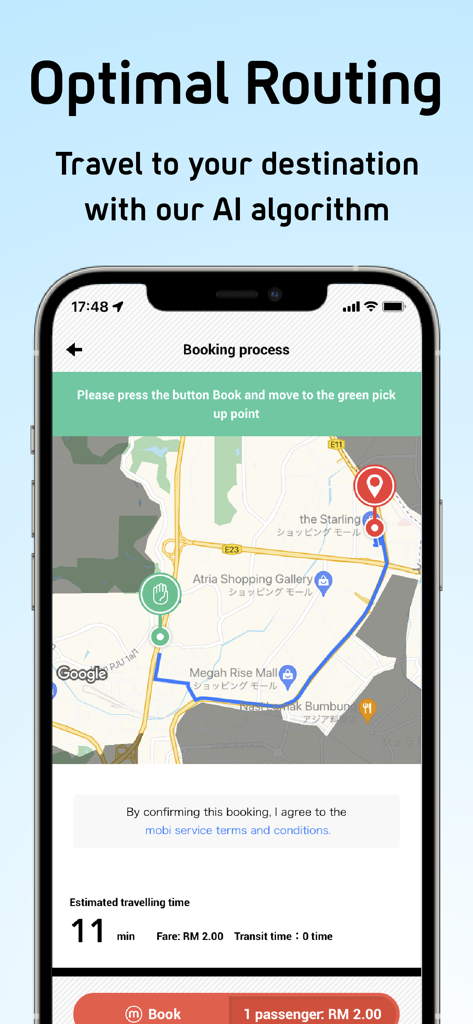 Interface of the mobi app showing a map with optimal routing and booking options