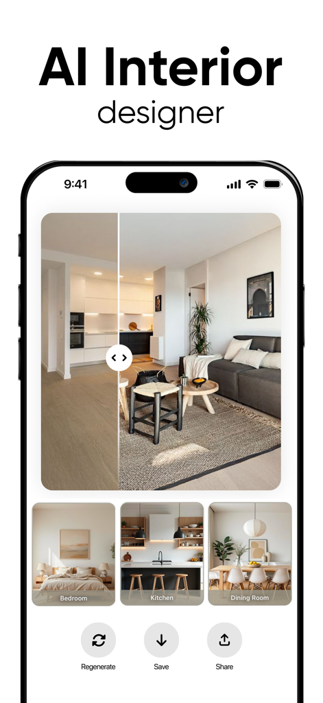 Deco - AI Home Design - Interface do aplicativo de designer de interiores com IA Deco mostrando transformações de design de casa antes e depois