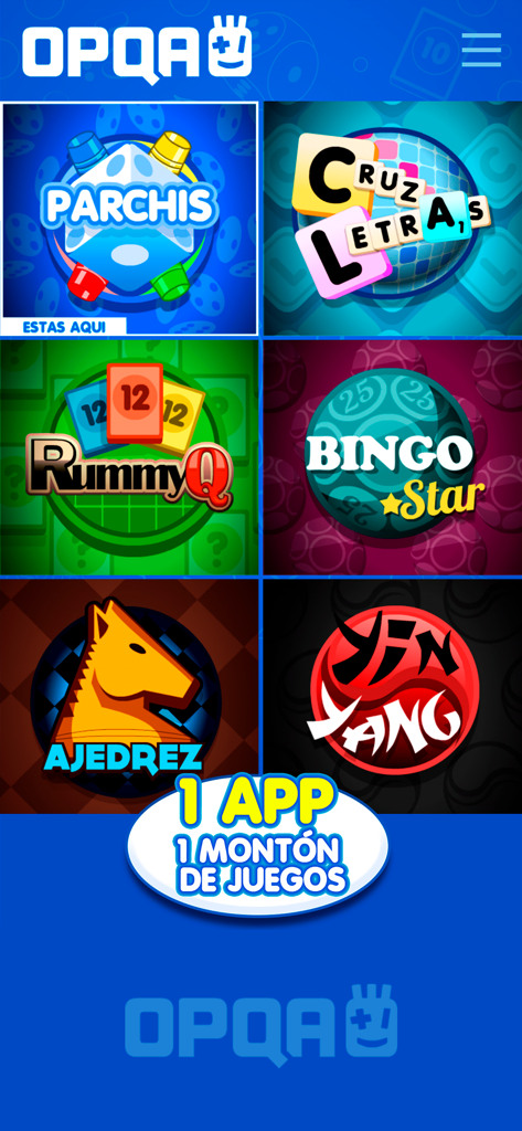 OPQA - Interfaz de la aplicación OPQA que muestra una selección de juegos de mesa clásicos como Parchís, Ajedrez y Bingo