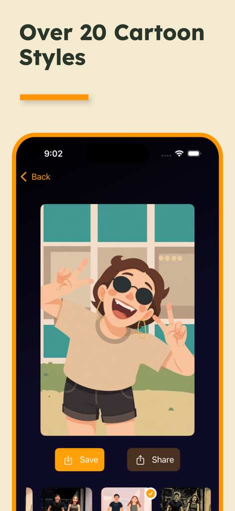 App interface for Cartoon Me showing a cartoonized portrait and style options