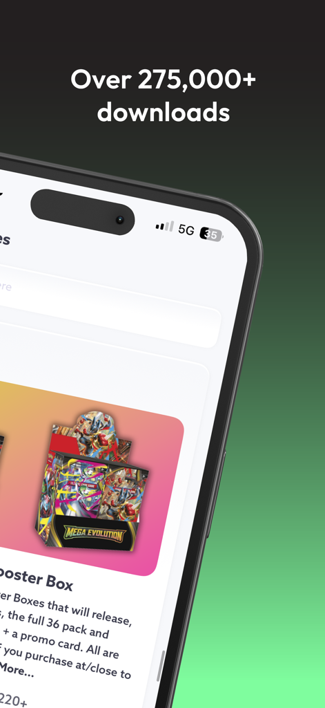 CCN: TCG & Collectible Alerts - CCN App-Oberfläche, die eine Pokémon Mega Evolution Booster Box mit der Überschrift über 275.000 Downloads zeigt.