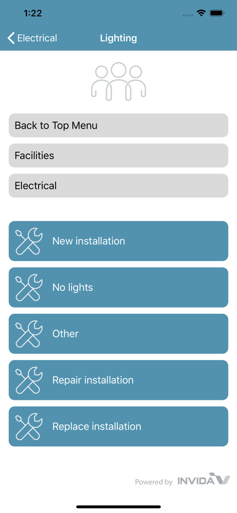 Invida Resolve - Interfaz de la aplicación Invida Resolve que muestra opciones de solicitud de mantenimiento de iluminación como luces apagadas e instalación nueva