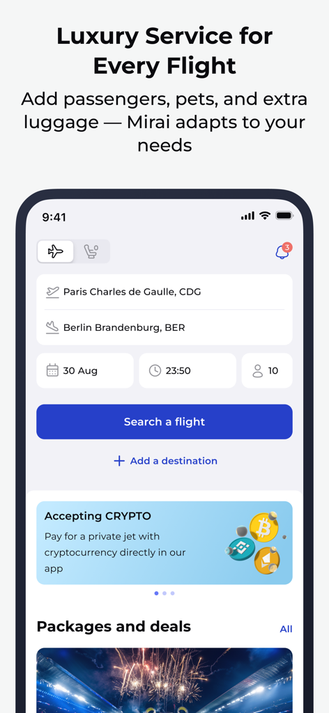 Mirai Flights app interface showing private jet booking from Paris to Berlin with a banner for cryptocurrency payments