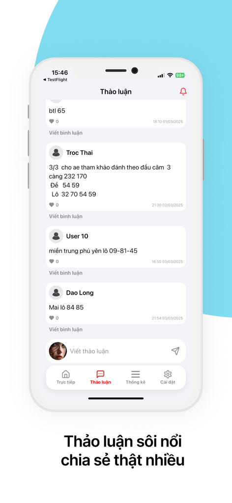 Xổ Số VIP app discussion screen showing Vietnamese community lottery predictions and comments