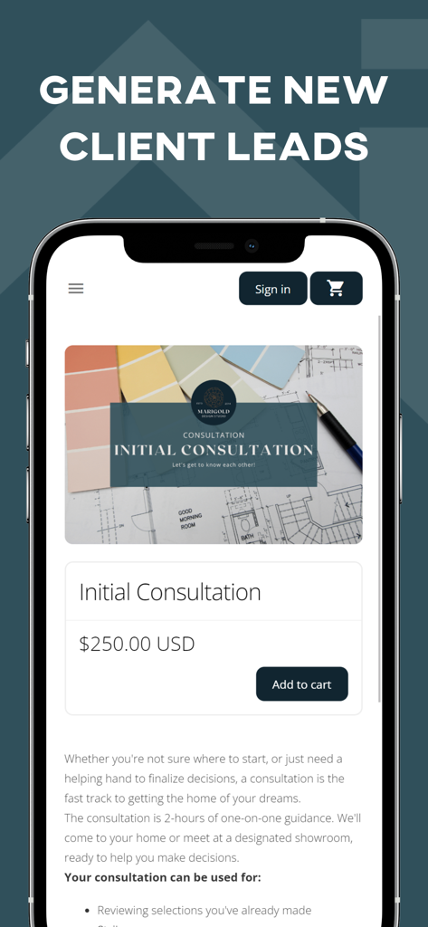 Mydoma Studio - Mydoma Studio mobile app showing an interior design consultation service for lead generation