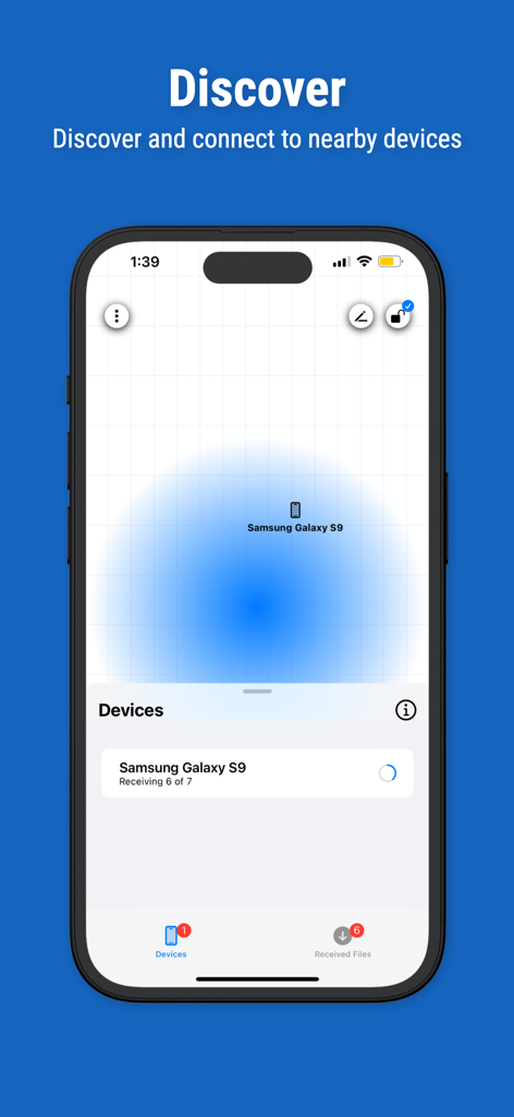 DroidShare - Interface of DroidShare app discovering a Samsung Galaxy S9 for file transfer