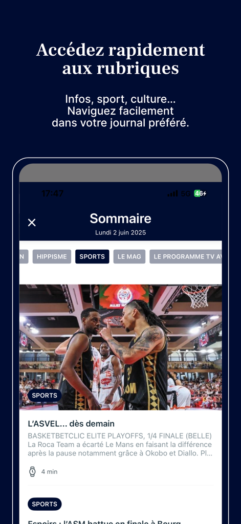 NVM : Info Nice, Var, Monaco - Interface of the NVM news app showing sections for sports and local French news