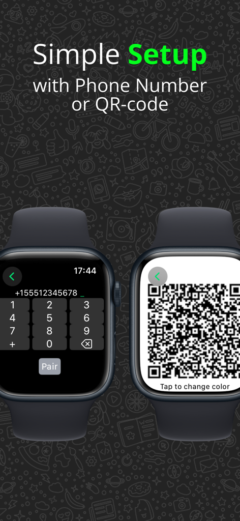 WatchTalk: Chat on Watch - Pantalla del Apple Watch mostrando opciones de configuración sencillas usando un teclado numérico o un código QR para la conexión de WhatsApp.