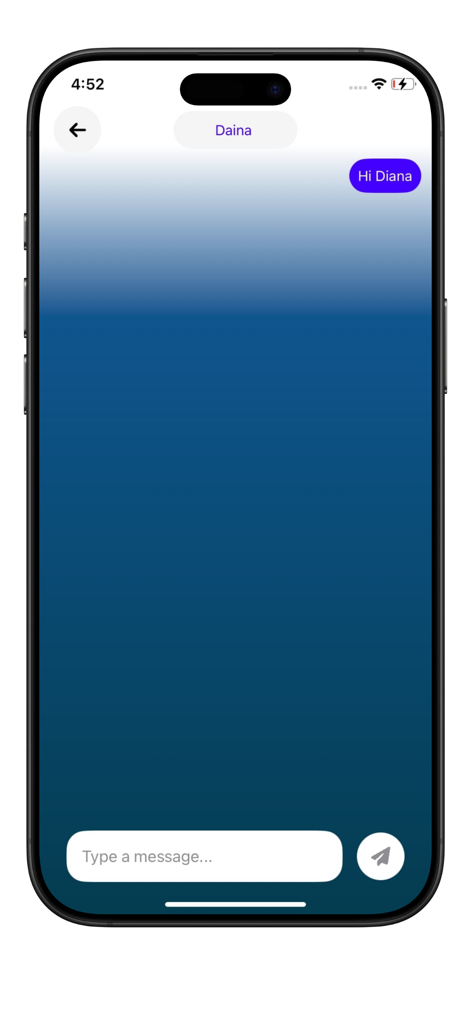 Una pantalla de chat segura en la aplicación Evanesce Chat mostrando un mensaje privado sobre un fondo degradado azul.