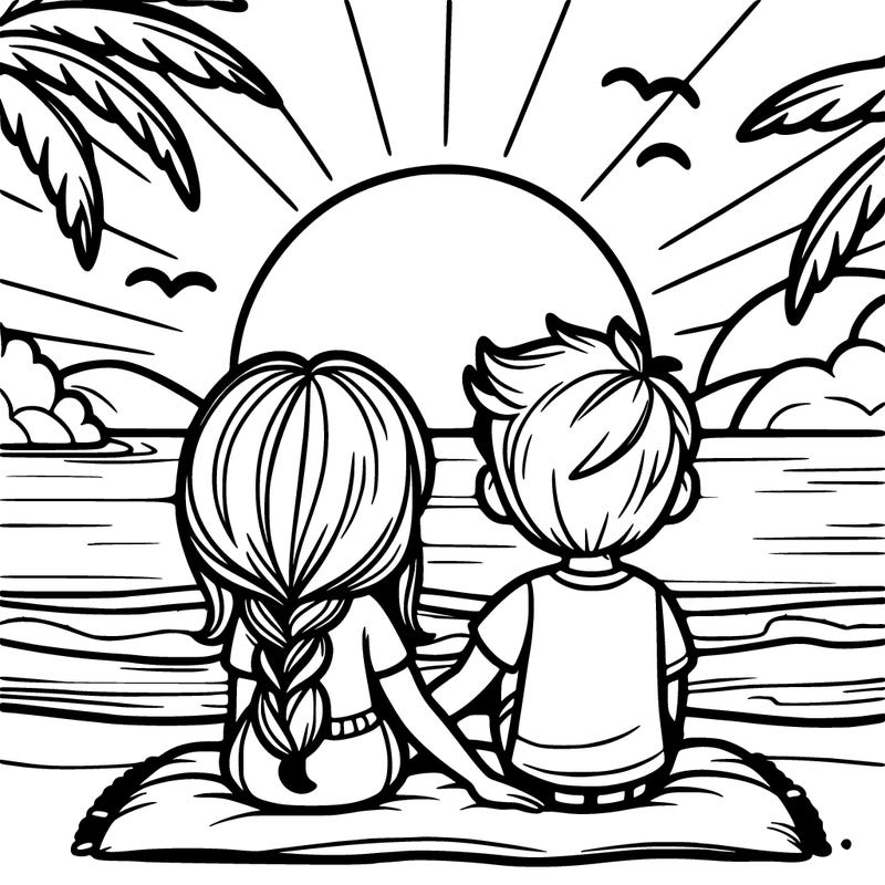 girl and boy sitting at the beach watching the sunset