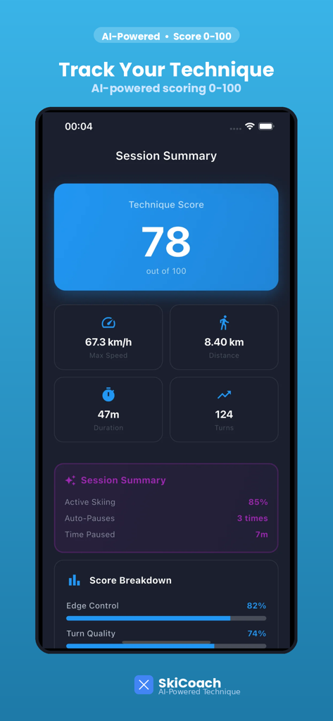SkiCoach – AI Ski Coaching - Zusammenfassung der SkiCoach-App-Sitzung mit Technikbewertung und Ski-Performance-Statistiken