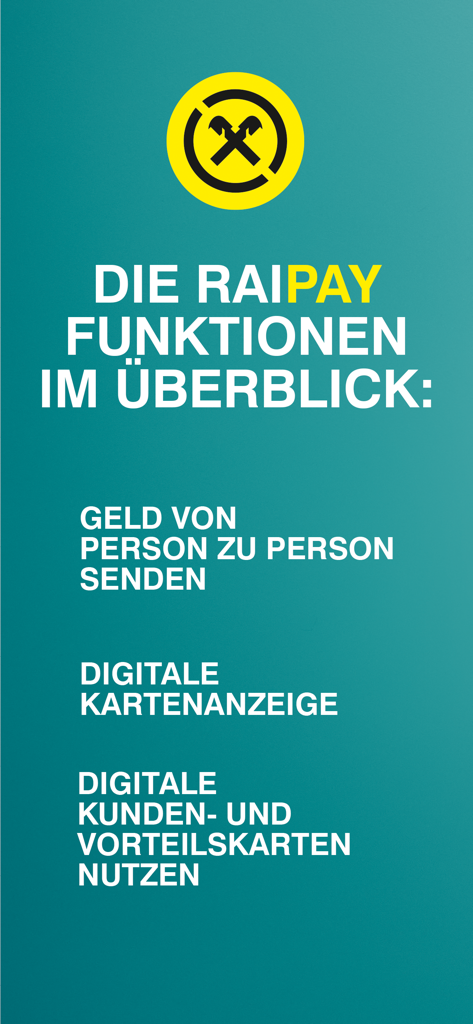 RaiPay - A summary of RaiPay app features including P2P payments and digital loyalty card management in German