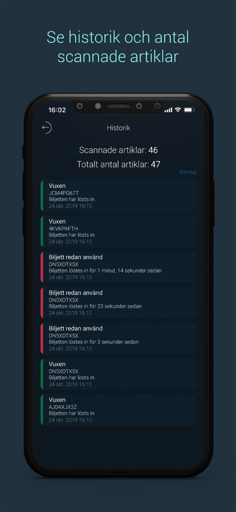 Tickster BoxPoint Mobile - A smartphone displaying the ticket scanning history and statistics within the Tickster BoxPoint Mobile app