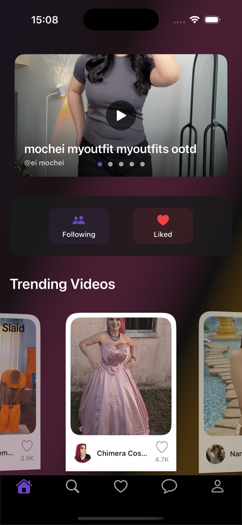 The home screen of the Raeppa fashion app featuring a trending videos section with user generated outfit posts and social engagement buttons