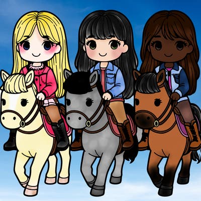 three girls each riding a horse