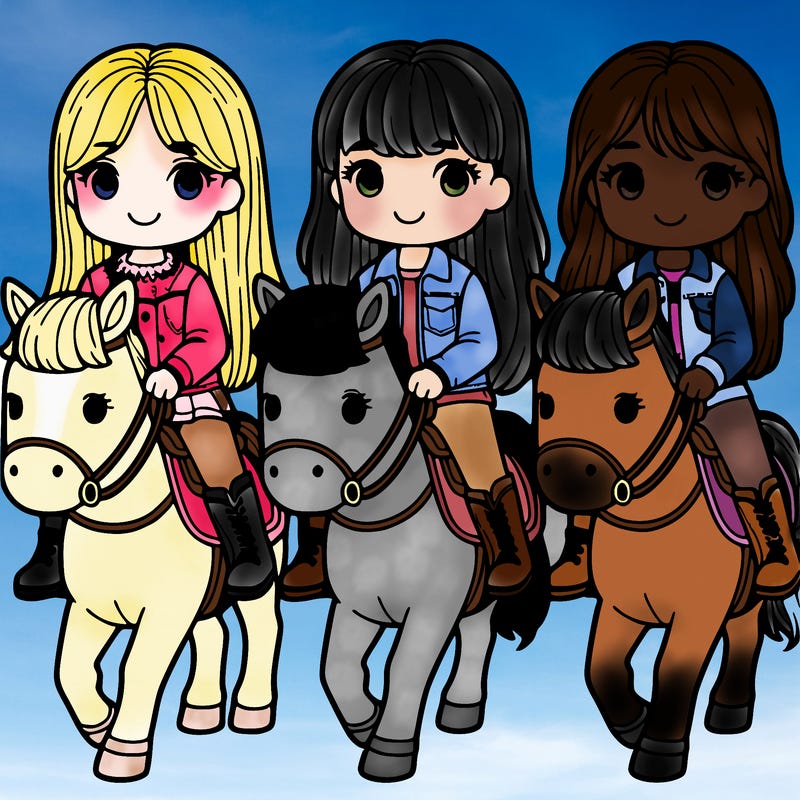 three girls each riding a horse