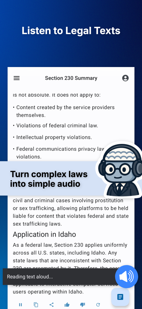 AI Reads Law: Legal Assistant - 法律文書や要約を聞く機能を示すアプリインターフェース。