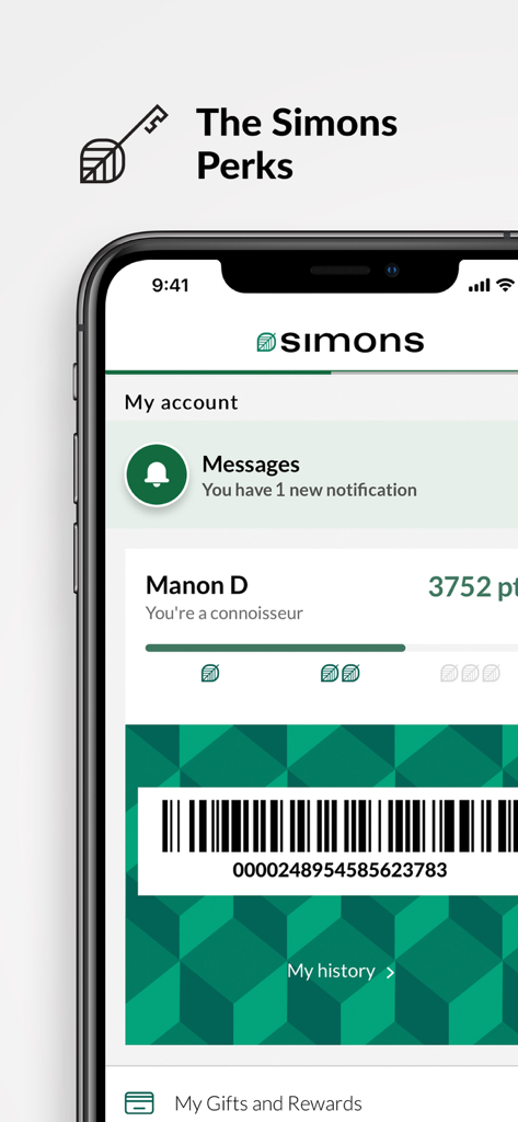 Simons - A Fashion Destination - Simons app account screen showing loyalty points and member perks