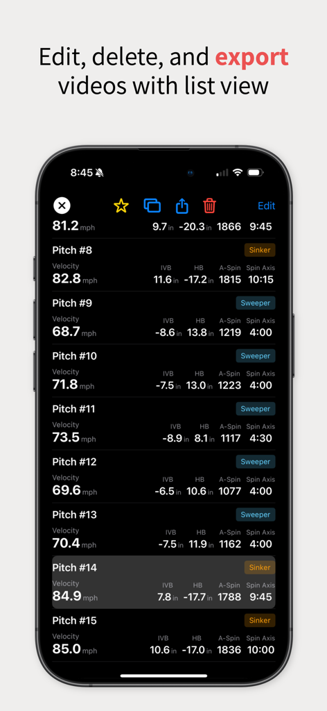 PitchLab - Baseball - PitchLab app interface showing a detailed list of baseball pitches with metrics including velocity and spin axis