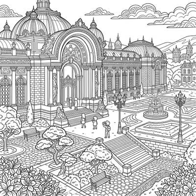 Step into a world of artistic grandeur with this stunning full scene coloring page featuring a magnificent art museum and its beautifully manicured gardens. Capture the elegance of classical architecture and lush landscapes as you bring this detailed masterpiece to life with your favorite colors.